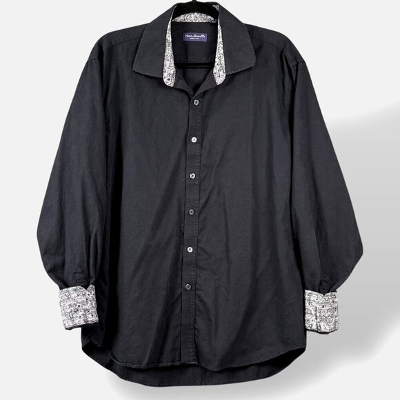 Marco Brunelli Shirt Mens Sz XL Black Paisley Flip Cuff Spread Collar Button Up - Picture 1 of 10